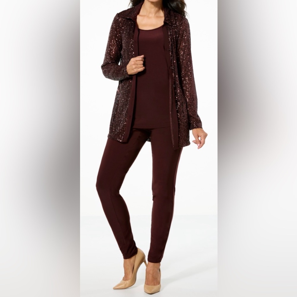NWT Nina Leonard 3-piece Sequined Button-Front Top, Tank and Pant Set | Medium